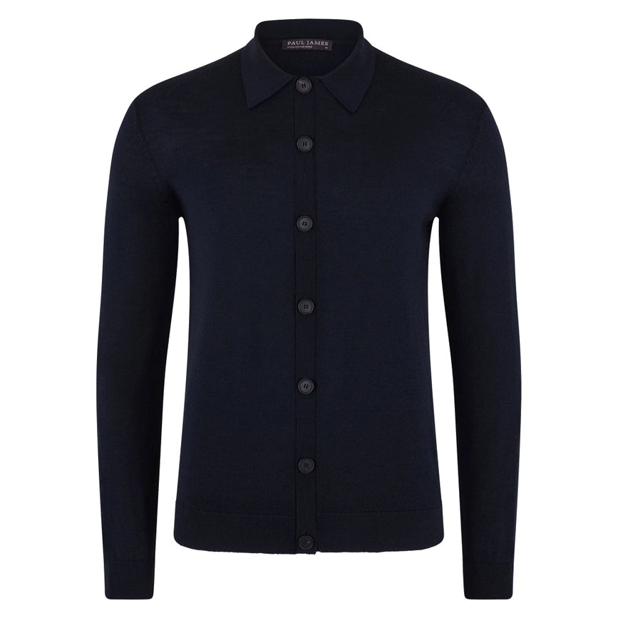 Mens Extra Fine Merino Wool Polo Cardigan-Cardigan-Paul James Knitwear-S-Navy-Urbanheer