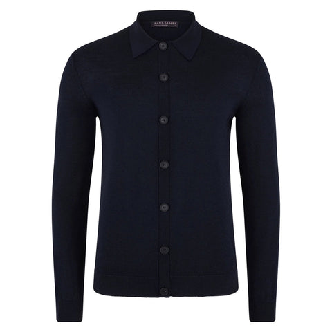 Mens Extra Fine Merino Wool Polo Cardigan-Cardigan-Paul James Knitwear-S-Navy-Urbanheer