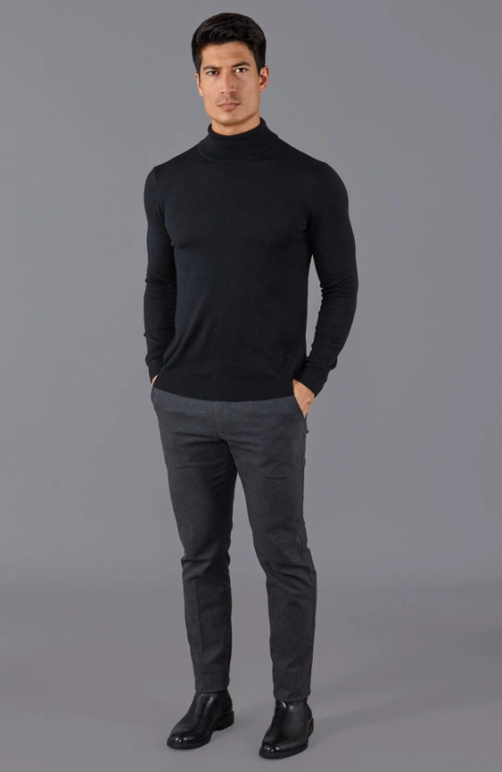 Mens Extra Fine Merino Wool Roll Neck Jumper Black-Jumper-Paul James Knitwear-XS-Black-Urbanheer