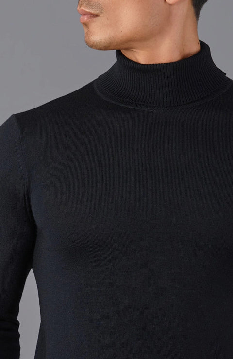Mens Extra Fine Merino Wool Roll Neck Jumper Black-Jumper-Paul James Knitwear-XS-Black-Urbanheer