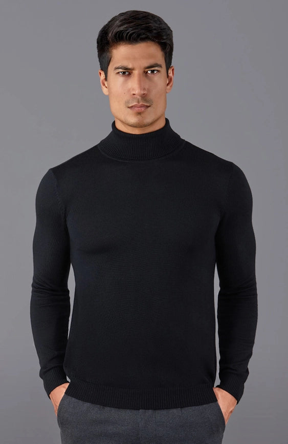 Mens Extra Fine Merino Wool Roll Neck Jumper Black-Jumper-Paul James Knitwear-XS-Black-Urbanheer