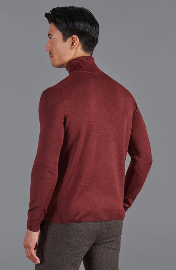 Mens Extra Fine Merino Wool Roll Neck Jumper Burgundy-Jumper-Paul James Knitwear-XS-Burgundy-Urbanheer
