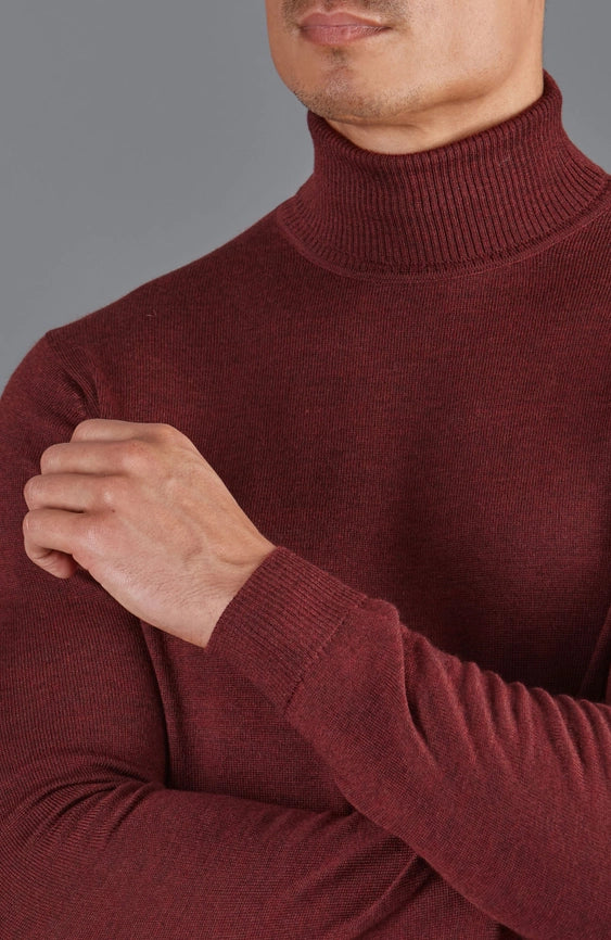 Mens Extra Fine Merino Wool Roll Neck Jumper Burgundy-Jumper-Paul James Knitwear-XS-Burgundy-Urbanheer