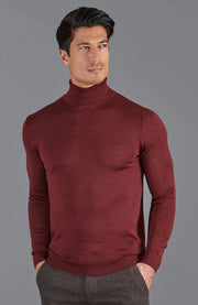 Mens Extra Fine Merino Wool Roll Neck Jumper Burgundy-Jumper-Paul James Knitwear-XS-Burgundy-Urbanheer