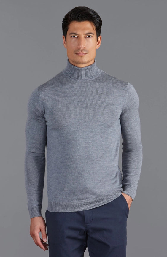 Mens Extra Fine Merino Wool Roll Neck Jumper Mid Grey-Jumper-Paul James Knitwear-S-Mid Grey-Urbanheer