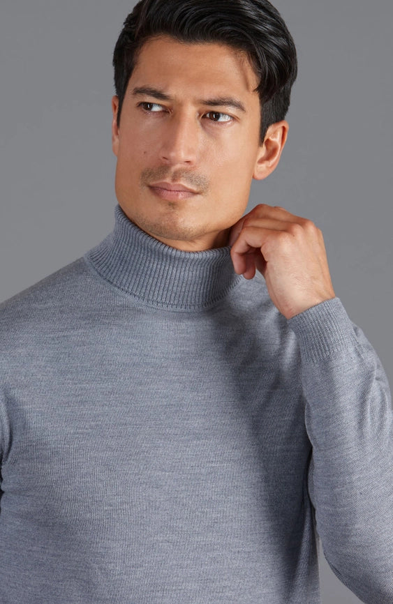 Mens Extra Fine Merino Wool Roll Neck Jumper Mid Grey-Jumper-Paul James Knitwear-S-Mid Grey-Urbanheer
