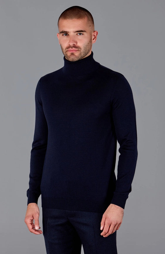 Mens Extra Fine Merino Wool Roll Neck Jumper Navy-Jumper-Paul James Knitwear-S-Navy-Urbanheer
