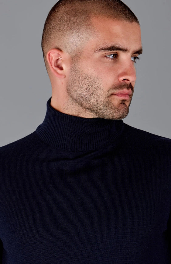 Mens Extra Fine Merino Wool Roll Neck Jumper Navy-Jumper-Paul James Knitwear-S-Navy-Urbanheer