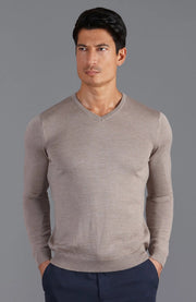 Mens Extra Fine Merino Wool V-Neck Jumper Hessian-Jumper-Paul James Knitwear-S-Urbanheer