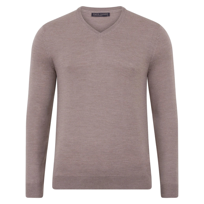 Mens Extra Fine Merino Wool V-Neck Jumper Hessian-Jumper-Paul James Knitwear-S-Urbanheer