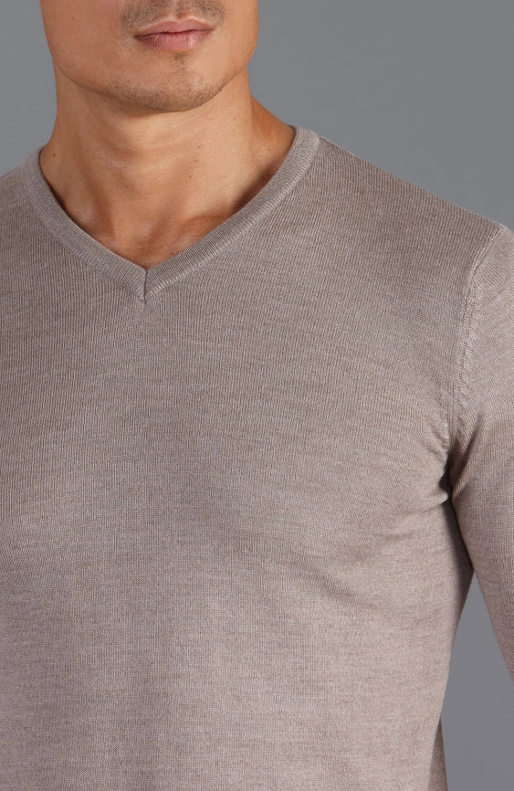 Mens Extra Fine Merino Wool V-Neck Jumper Hessian-Jumper-Paul James Knitwear-S-Urbanheer