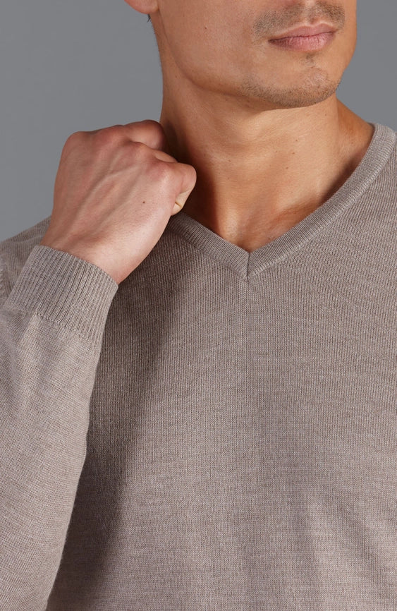Mens Extra Fine Merino Wool V-Neck Jumper Hessian-Jumper-Paul James Knitwear-S-Urbanheer