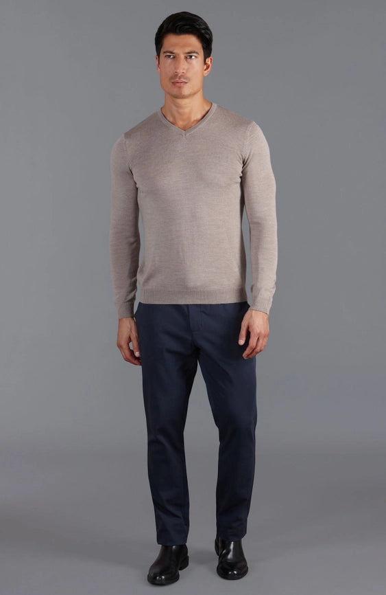 Mens Extra Fine Merino Wool V-Neck Jumper Hessian-Jumper-Paul James Knitwear-S-Urbanheer