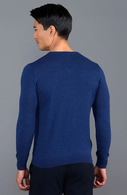 Mens Extra Fine Merino Wool V-Neck Jumper Indigo-Jumper-Paul James Knitwear-XS-Urbanheer