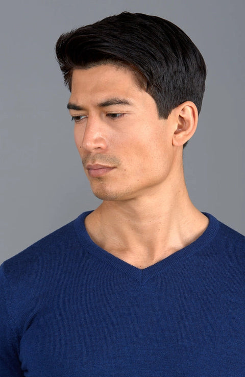 Mens Extra Fine Merino Wool V-Neck Jumper Indigo-Jumper-Paul James Knitwear-XS-Urbanheer