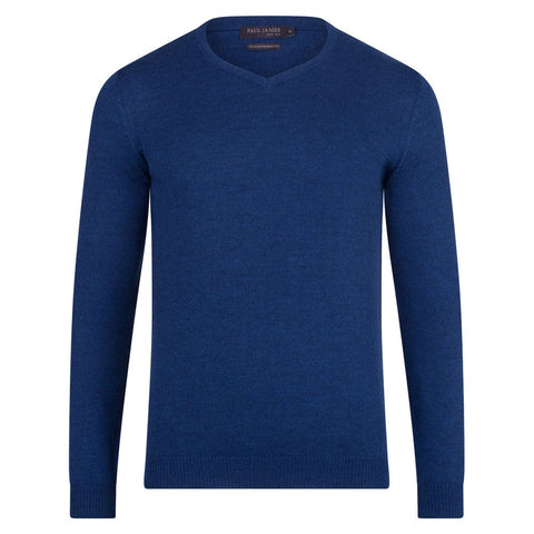 Mens Extra Fine Merino Wool V-Neck Jumper Indigo-Jumper-Paul James Knitwear-XS-Urbanheer