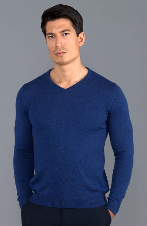 Mens Extra Fine Merino Wool V-Neck Jumper Indigo-Jumper-Paul James Knitwear-XS-Urbanheer