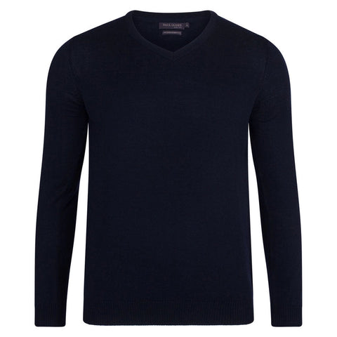 Mens Extra Fine Merino Wool V-Neck Jumper-Jumper-Paul James Knitwear-S-Navy-Urbanheer