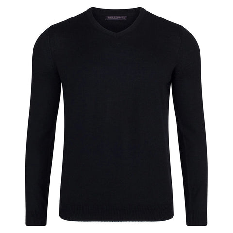 Mens Extra Fine Merino Wool V-Neck Jumper-Jumper-Paul James Knitwear-XS-Black-Urbanheer