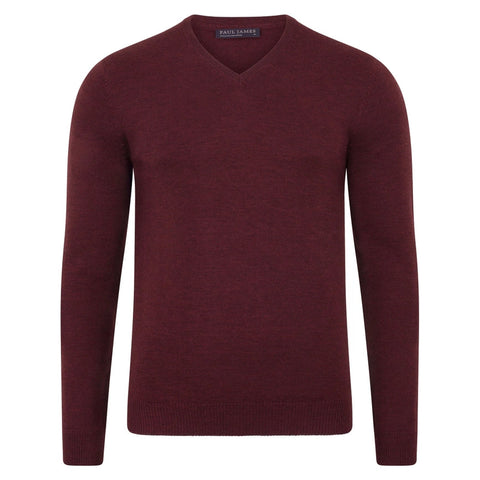 Mens Extra Fine Merino Wool V-Neck Jumper-Jumper-Paul James Knitwear-XS-Burgundy-Urbanheer