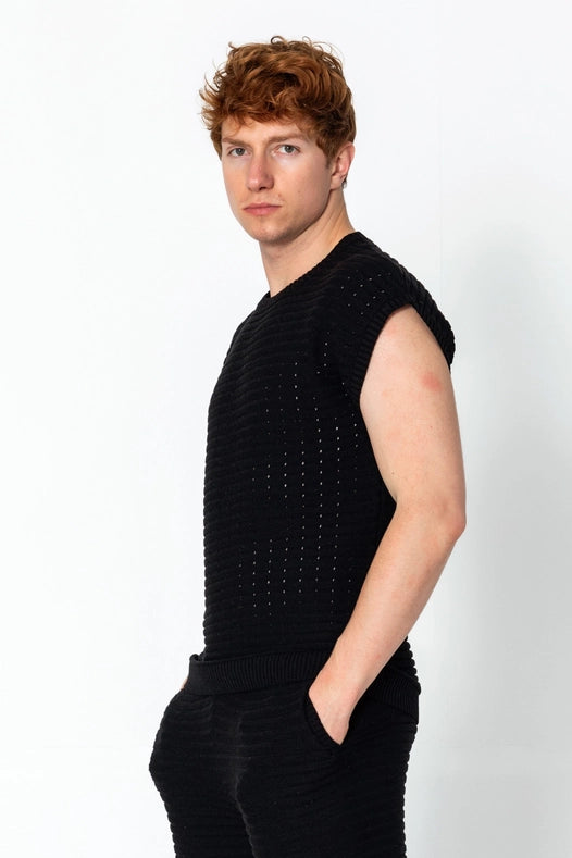 Men's Eyelet Short Sleeve Knit Top and Shorts Set - Black