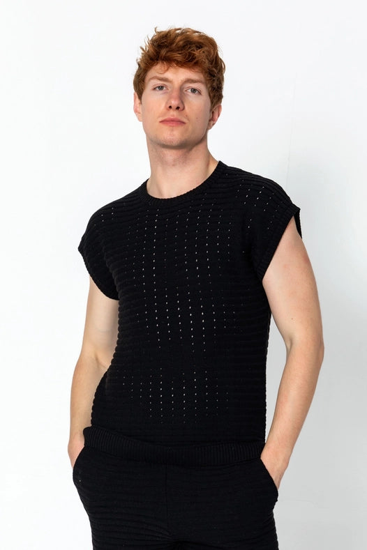 Men's Eyelet Short Sleeve Knit Top and Shorts Set - Black