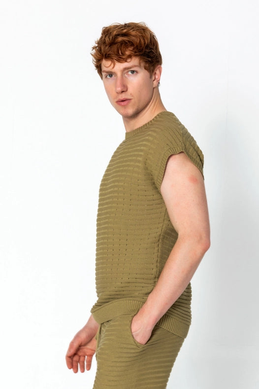 Men's Eyelet Short Sleeve Knit Top and Shorts Set - Light Green