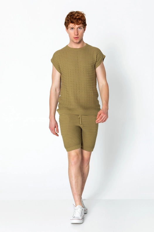 Men's Eyelet Short Sleeve Knit Top and Shorts Set - Light Green
