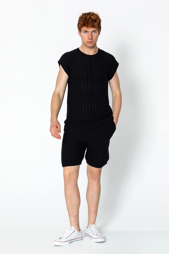 Men's Eyelet Short Sleeve Knit and Shorts Set - Black-Set-Ron Tomson-S-BLACK-Urbanheer