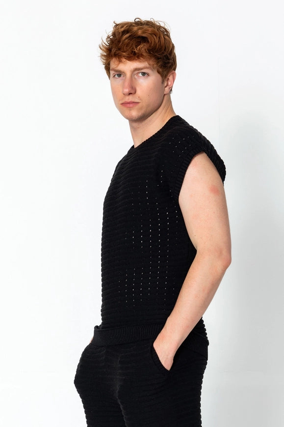 Men's Eyelet Short Sleeve Knit and Shorts Set - Black-Set-Ron Tomson-Urbanheer