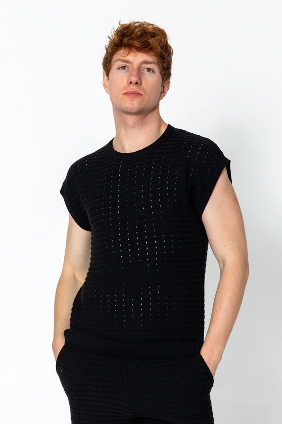 Men's Eyelet Short Sleeve Knit and Shorts Set - Black-Set-Ron Tomson-Urbanheer