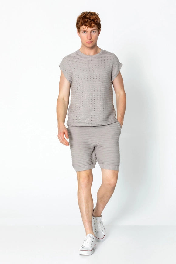 Men's Eyelet Short Sleeve Knit and Shorts Set - Grey-Set-Ron Tomson-S-GREY-Urbanheer