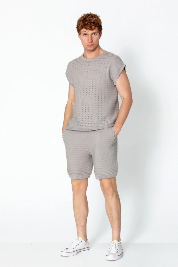 Men's Eyelet Short Sleeve Knit and Shorts Set - Grey-Set-Ron Tomson-Urbanheer
