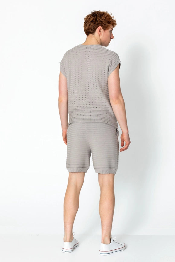Men's Eyelet Short Sleeve Knit and Shorts Set - Grey-Set-Ron Tomson-Urbanheer