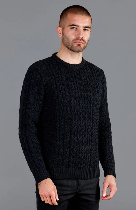 Mens Fisherman's British Wool Cable Jumper Black-Jumper-Paul James Knitwear-S-Black-Urbanheer