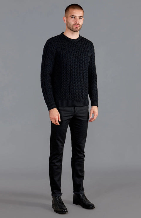Mens Fisherman's British Wool Cable Jumper Black-Jumper-Paul James Knitwear-S-Black-Urbanheer