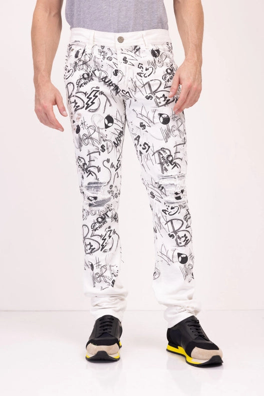 Men's Funky Scribbled Denim Jeans - White