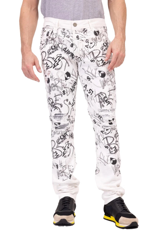 Men's Funky Scribbled Denim Jeans - White