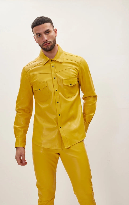 Men's Genuine Lambskin Leather Shirt - Yellow-Shirt-Ron Tomson-S-YELLOW-Urbanheer