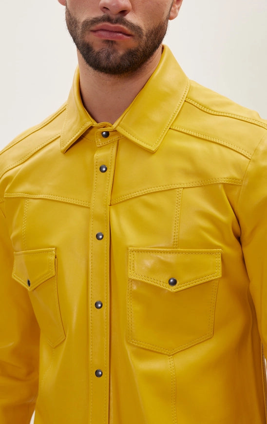 Men's Genuine Lambskin Leather Shirt - Yellow-Shirt-Ron Tomson-Urbanheer