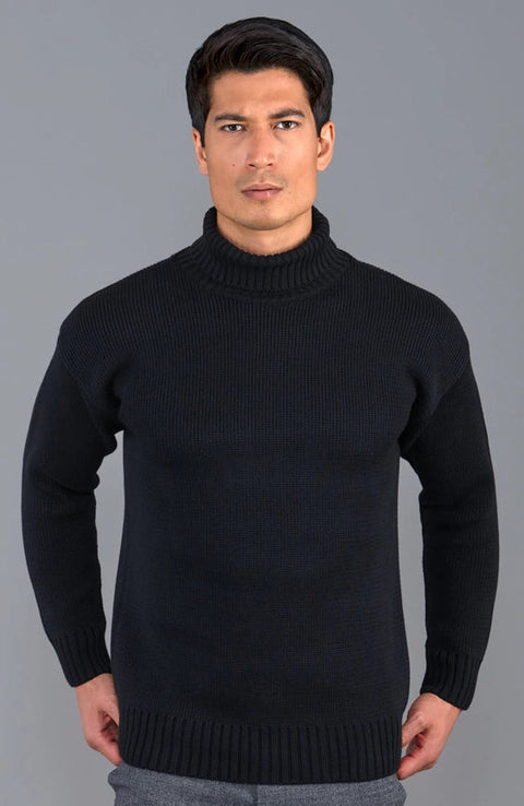 Mens Heavyweight Cotton Submariner Roll Neck Jumper Black-Jumper-Paul James Knitwear-XS-Urbanheer