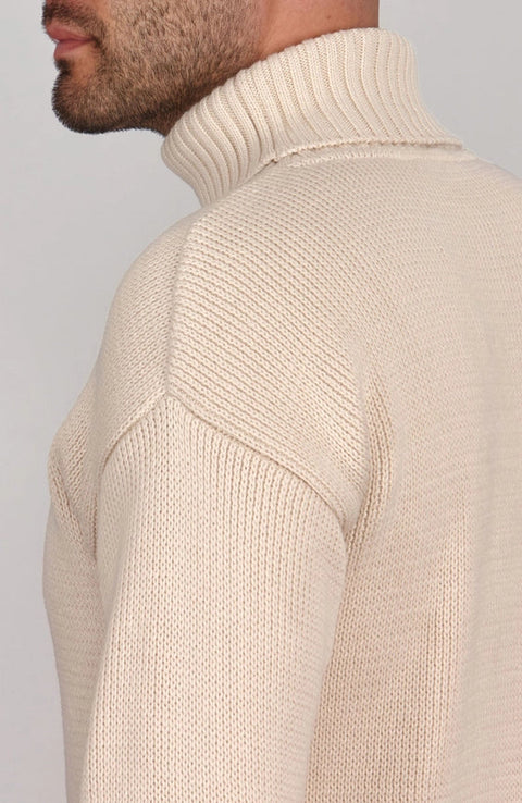 Mens Heavyweight Cotton Submariner Roll Neck Jumper Ecru-Jumper-Paul James Knitwear-XS-Urbanheer