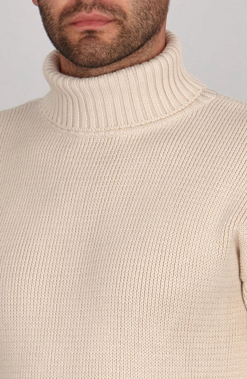 Mens Heavyweight Cotton Submariner Roll Neck Jumper Ecru-Jumper-Paul James Knitwear-XS-Urbanheer