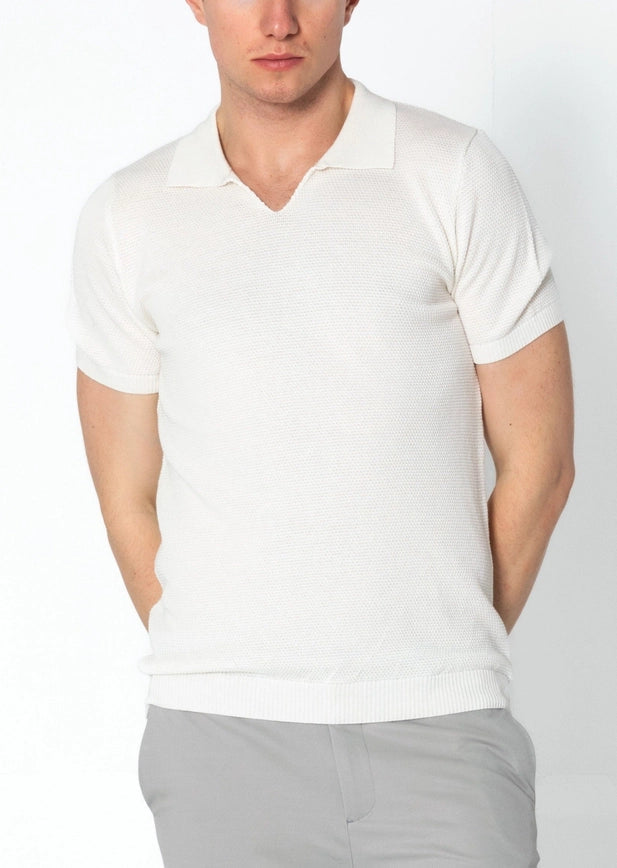 Men's Jersey Knit V-Neck Polo Shirt - Off White-Polo-Ron Tomson-S-Urbanheer