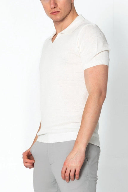 Men's Jersey Knit V-Neck Polo Shirt - Off White-Polo-Ron Tomson-Urbanheer