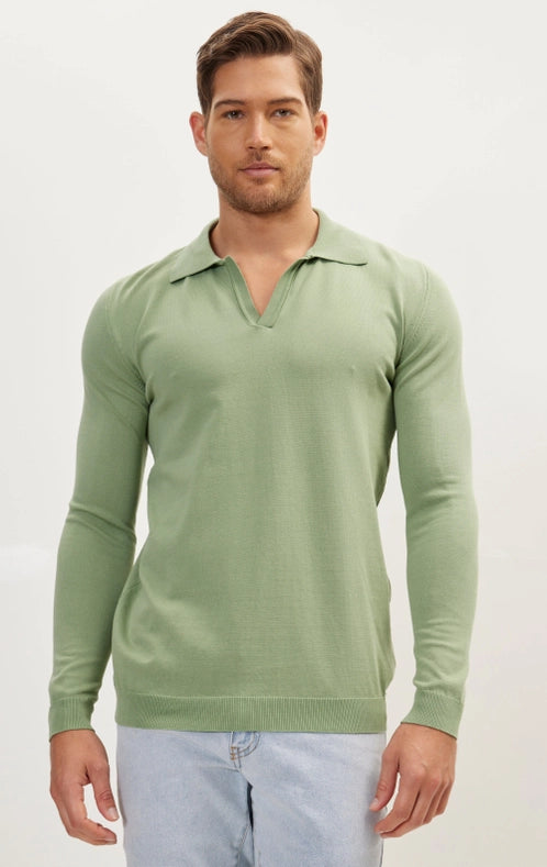 Men's Johnny-Collar Sweater Polo - Teal Green