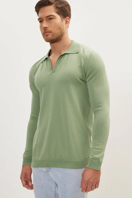 Men'S Johnny-Collar Sweater Polo - Teal Green