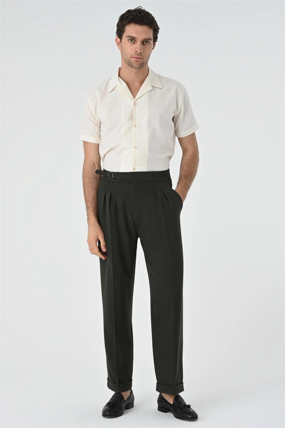 Men's Khaki Buckle Detailed Pleated High Waist Trousers-Trousers-Wessi-30-Khaki-Urbanheer