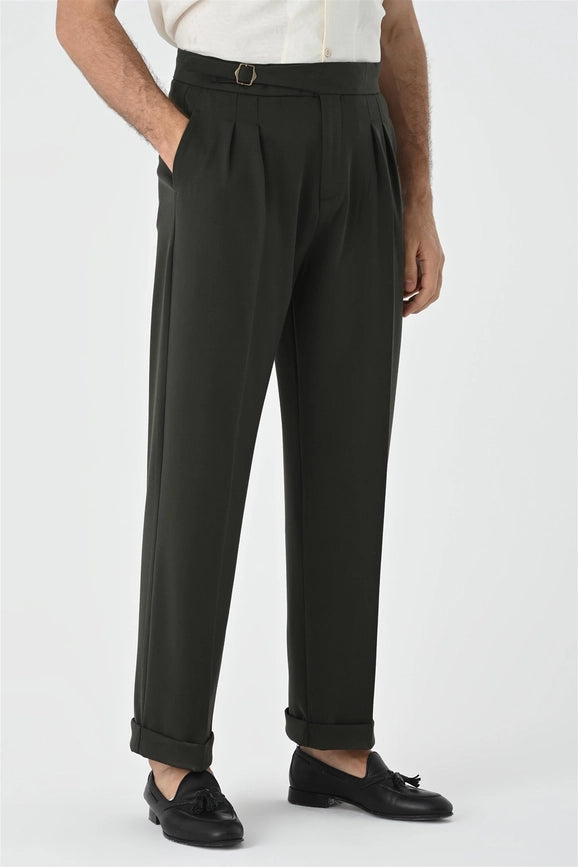 Men's Khaki Buckle Detailed Pleated High Waist Trousers-Trousers-Wessi-30-Khaki-Urbanheer