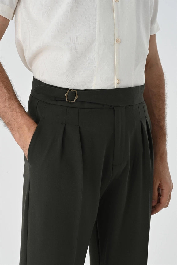 Men's Khaki Buckle Detailed Pleated High Waist Trousers-Trousers-Wessi-30-Khaki-Urbanheer